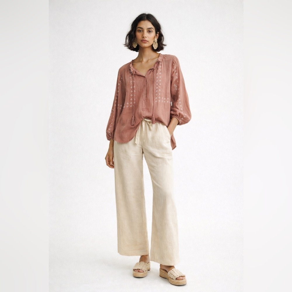 Emerson Fry India Collection Bardot boho sheer rose  embroidered top. Size XS